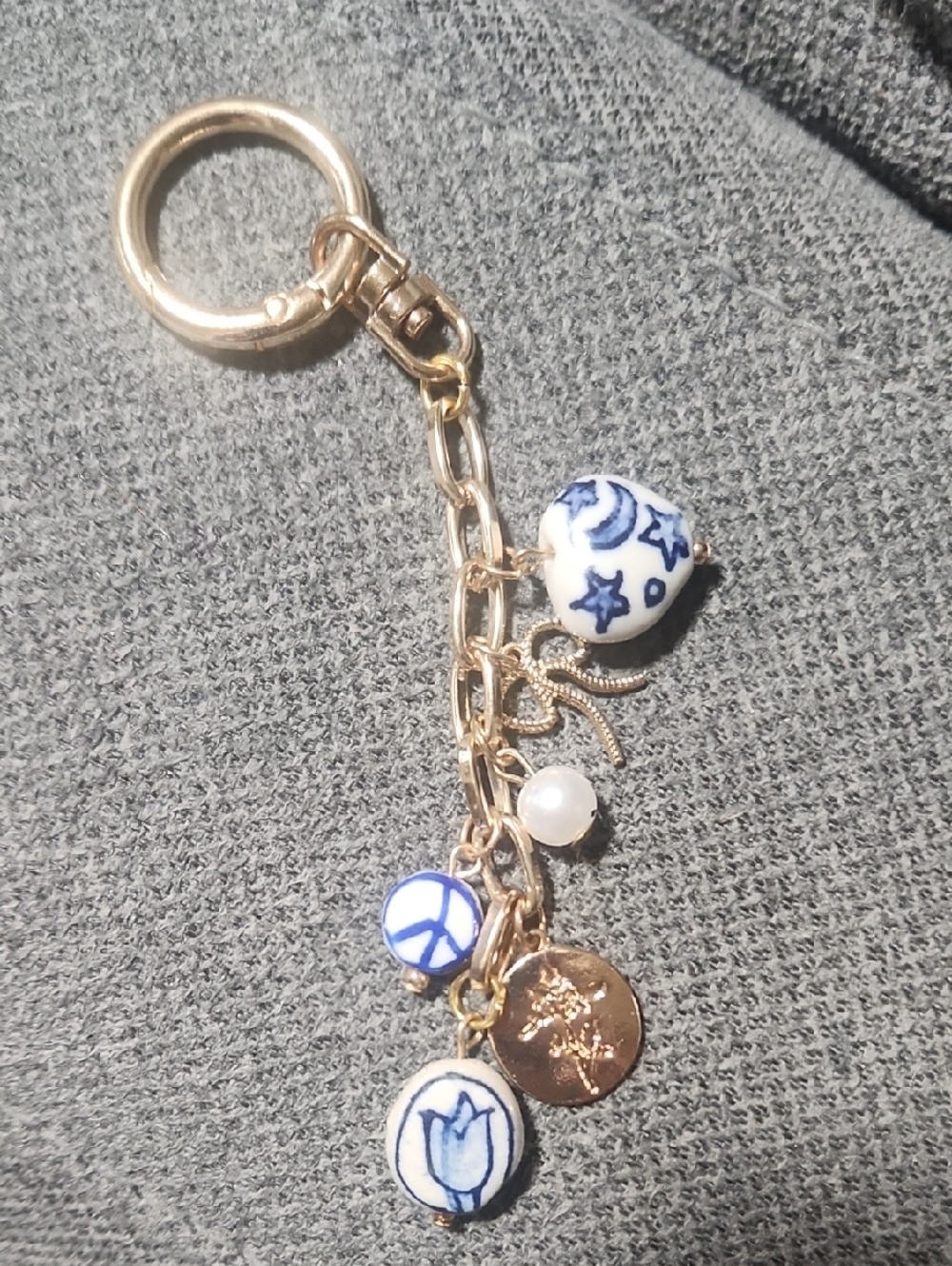 Gold-Tone Charm Bracelet with Blue & White Porcelain Beads Homemade Som Ceramic.